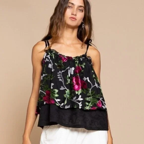 VELOUR SHOULDER RIBBON CAMISOLE TOPS